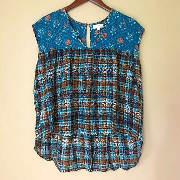 Umgee peasant boho open back brown & blue blouse - Picture 1 of 8